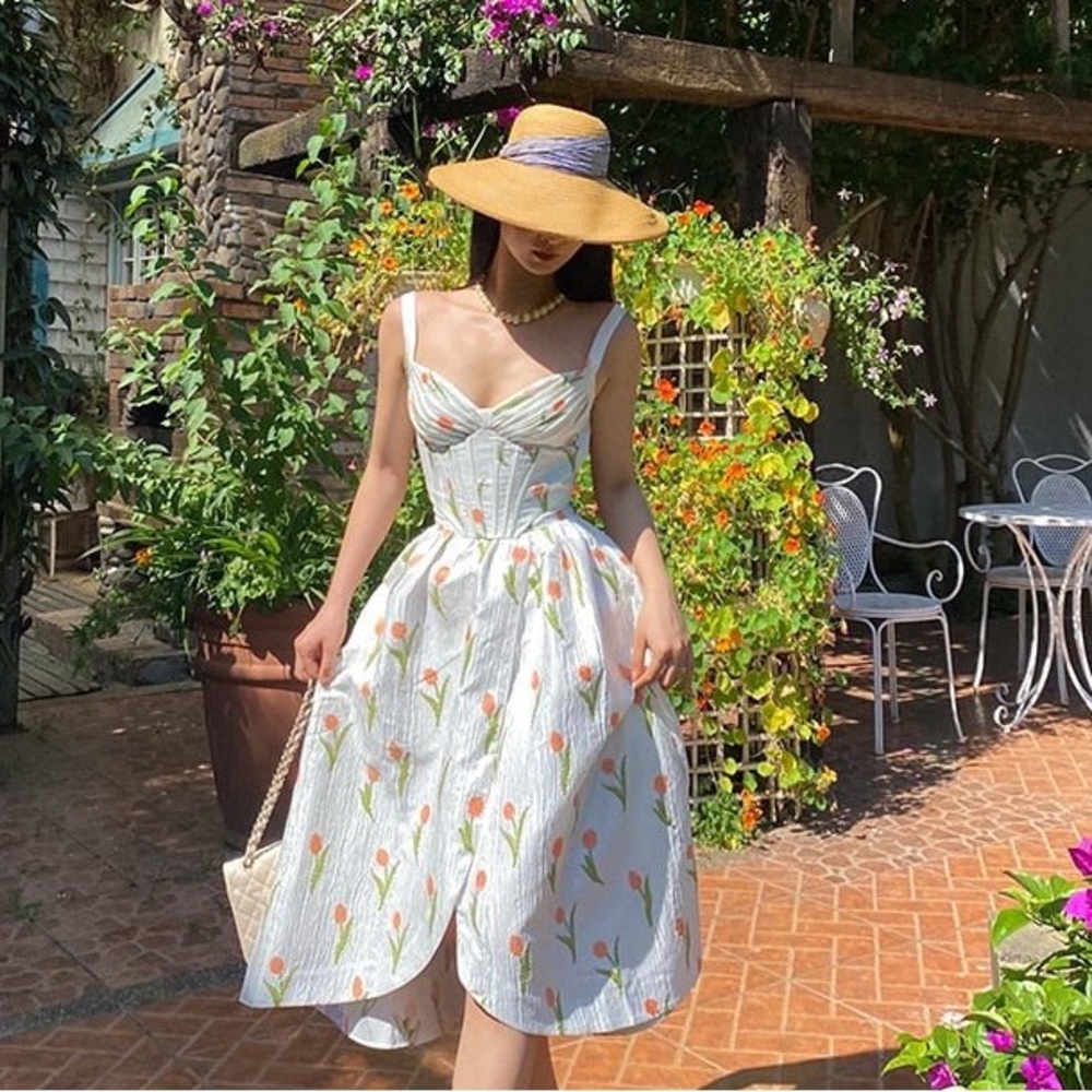 White Orange Tulip Bustier Midi Floral Dress